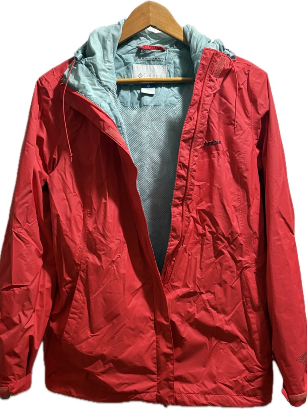 Columbia Women's Coral-Red Hooded Waterproof Jacket with Light Blue Lining
